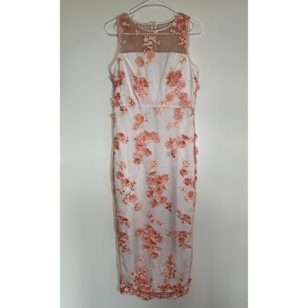 FEHAUTE Pink Floral Embroidered Mesh Sleeveless Midi Dress – Size 6
